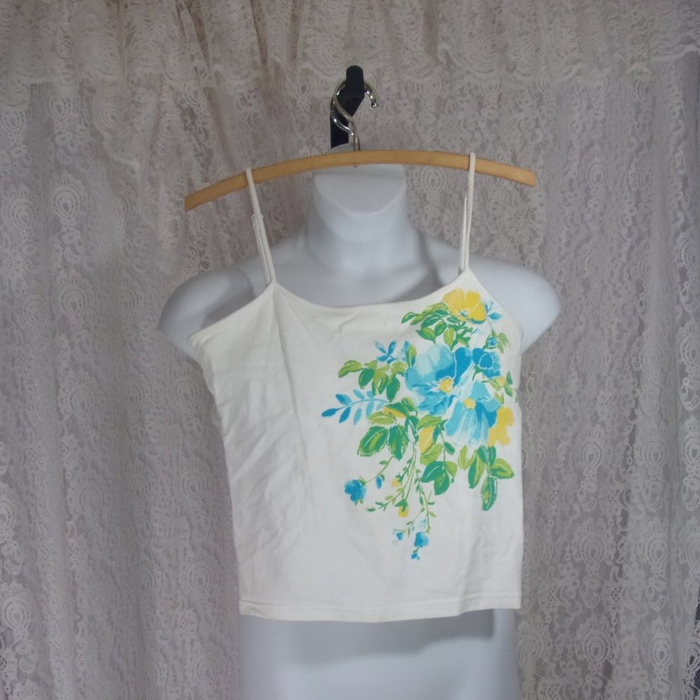 Camisole White Blue Floral Stretch Top Built in Shelf Bra